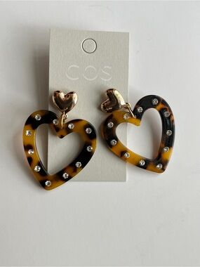 COS Tortoiseshell Heart Drop Earrings with Gold Tops and Crystal Studs